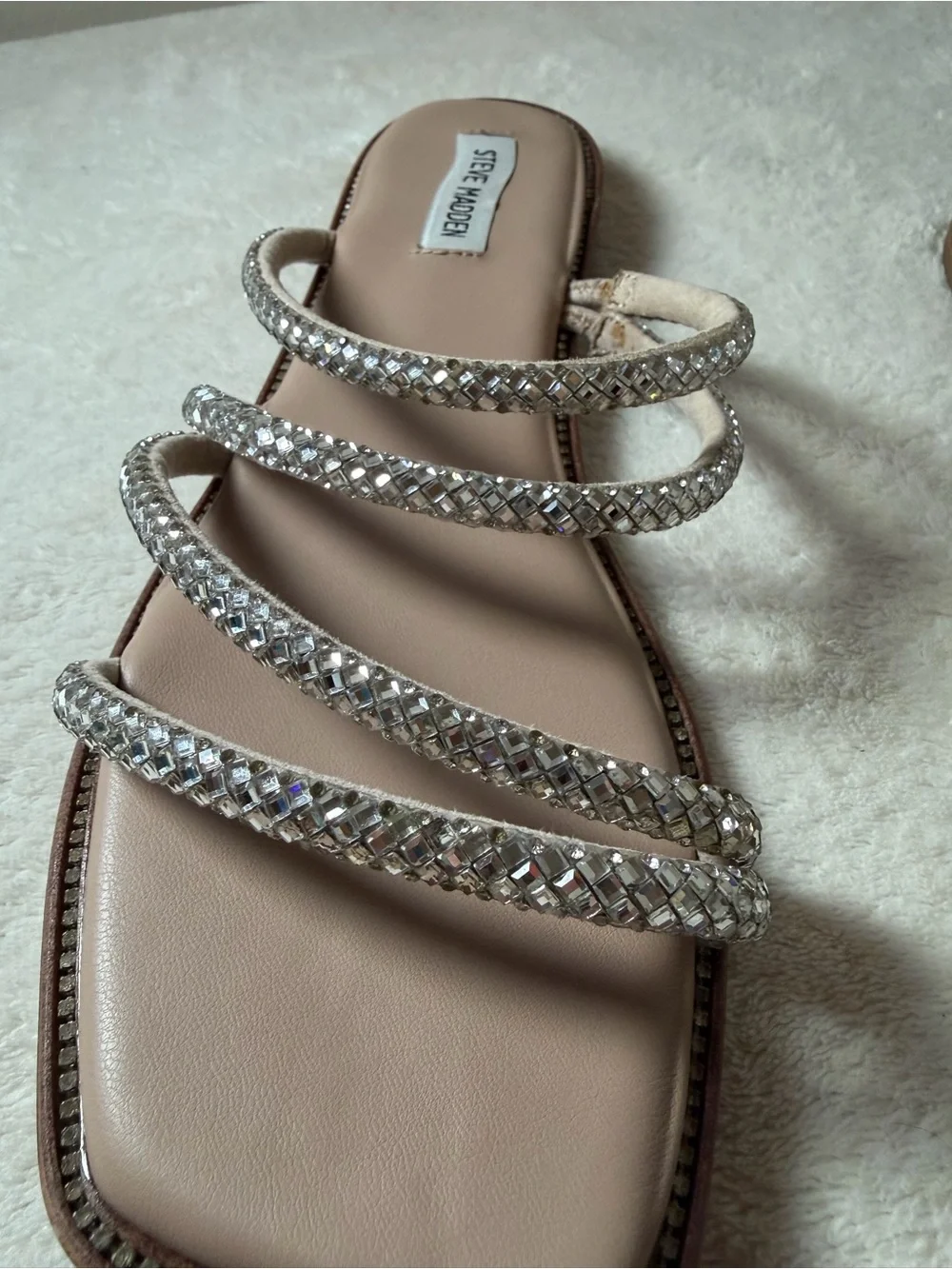 Steve Madden Nude Crystal-Strap Square Toe Slide Sandals
